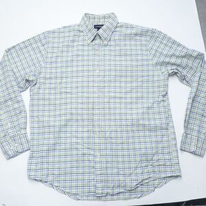 Lands' End Dress Shirt Men's Medium Green White Plaid Cotton Traditional Fit